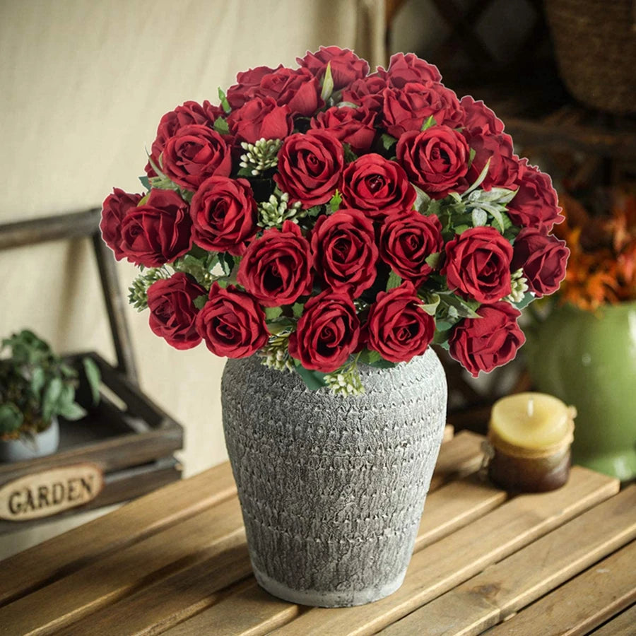 10-Head Artificial White Rose Bouquet Bulk – Silk Fake Flower Bundle for Wedding Decor