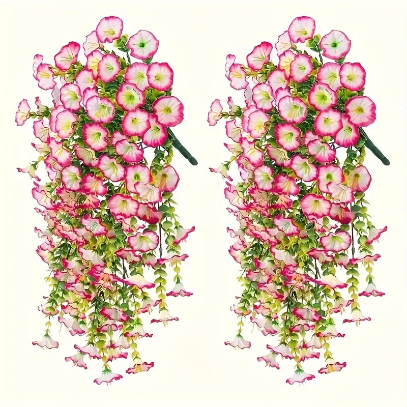 2PCS UV Resistant Artificial Morning Glory Hanging Flowers with Eucalyptus Vine – Outdoor Silk Flower Garland for Patio, Garden, Porch, Wedding Arch, Home Decor