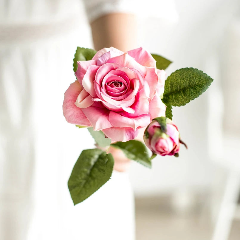 Artificial Pink Rose Branch Bouquet – Silk Big Bloom