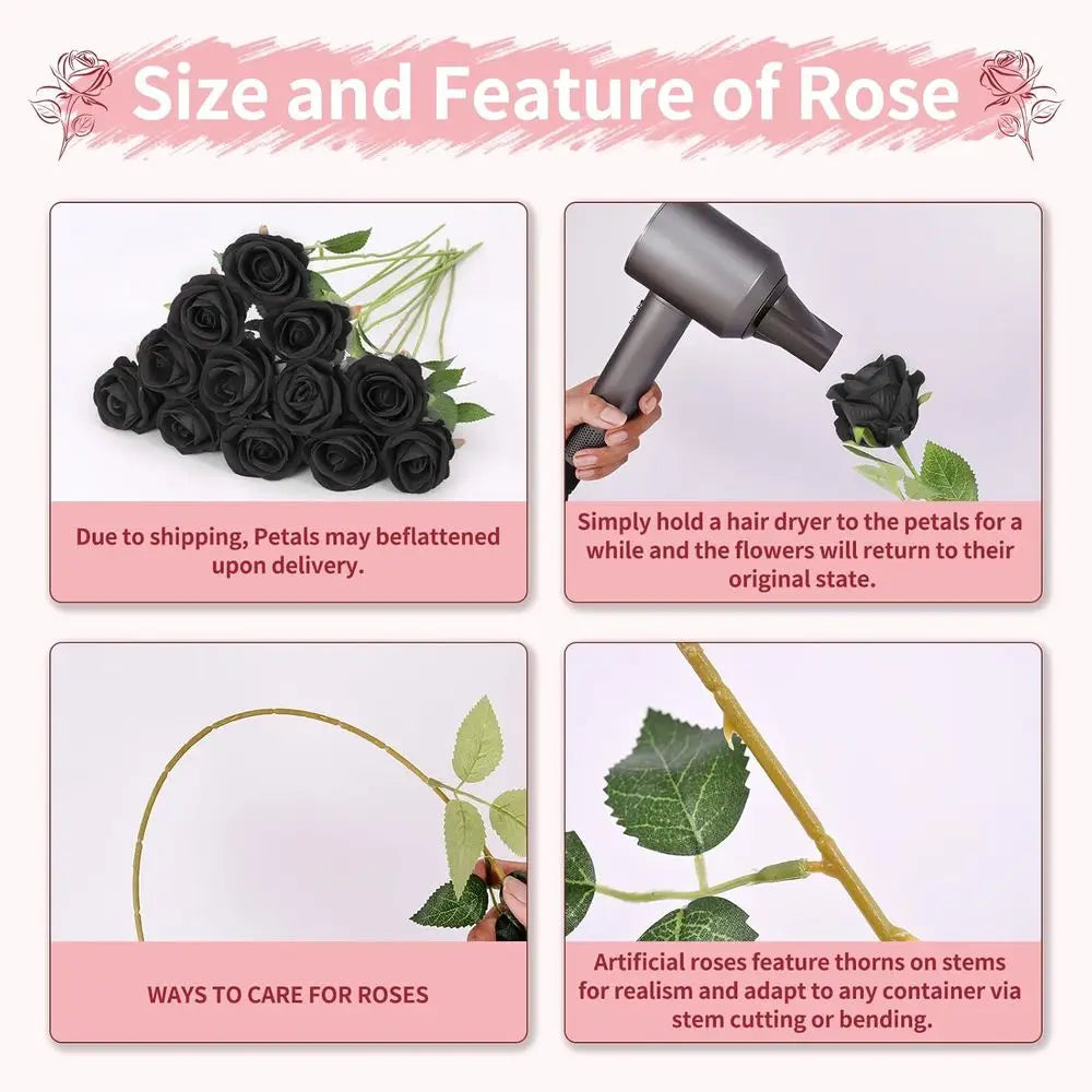 102PCS Black Artificial Rose Bouquet – Long Stem Faux Roses for DIY Wedding Decor, Gothic Floral Arrangements, Party Decorations, Home & Event Centerpieces