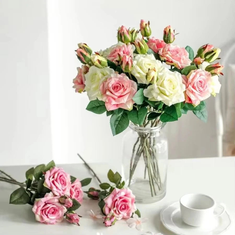 Artificial Pink Rose Branch Bouquet – Silk Big Bloom