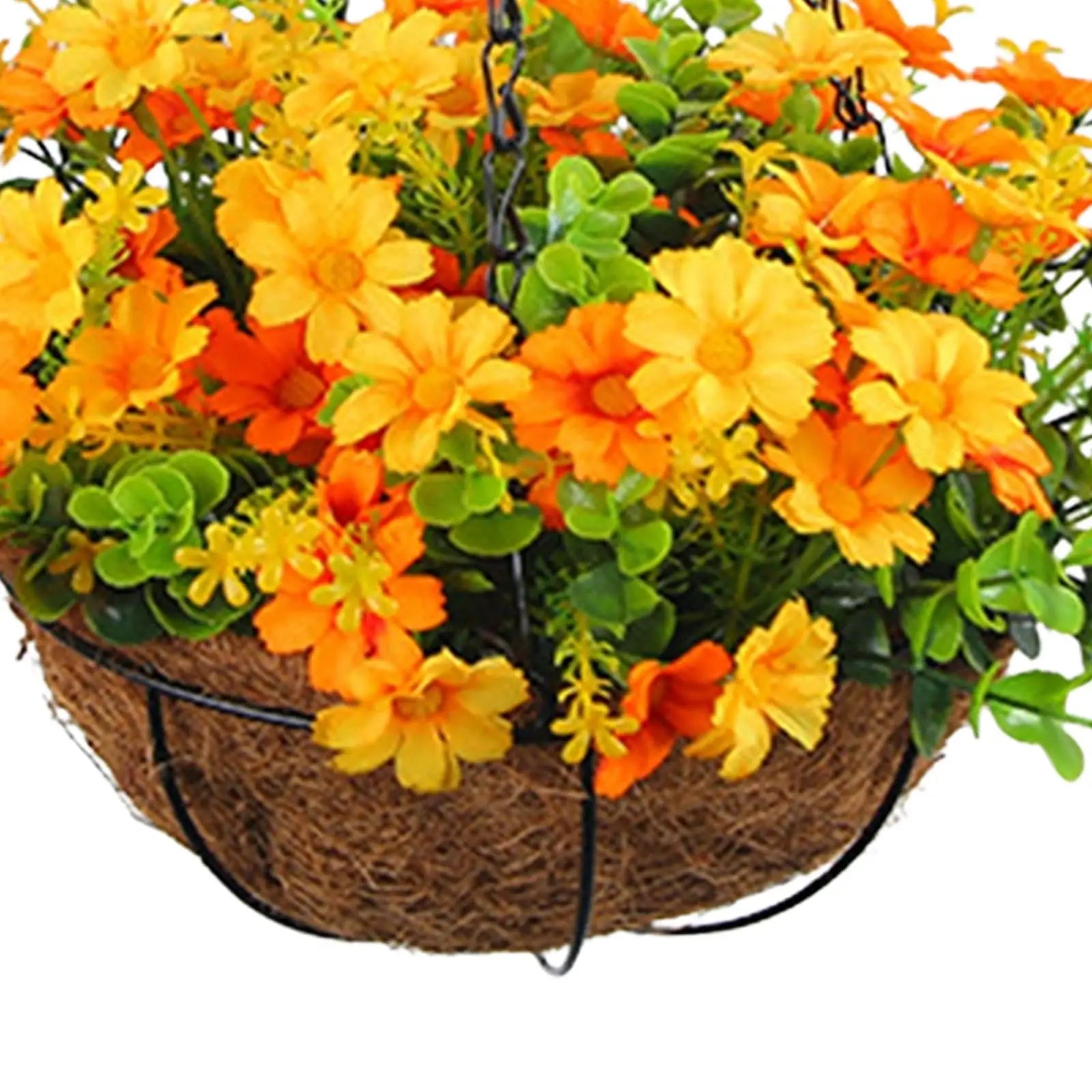 Artificial Hanging Flower Basket with Coconut Liner – Faux Daisy Flower Planter with Chain for Outdoor Patio, Balcony, Porch, Indoor Home Decor