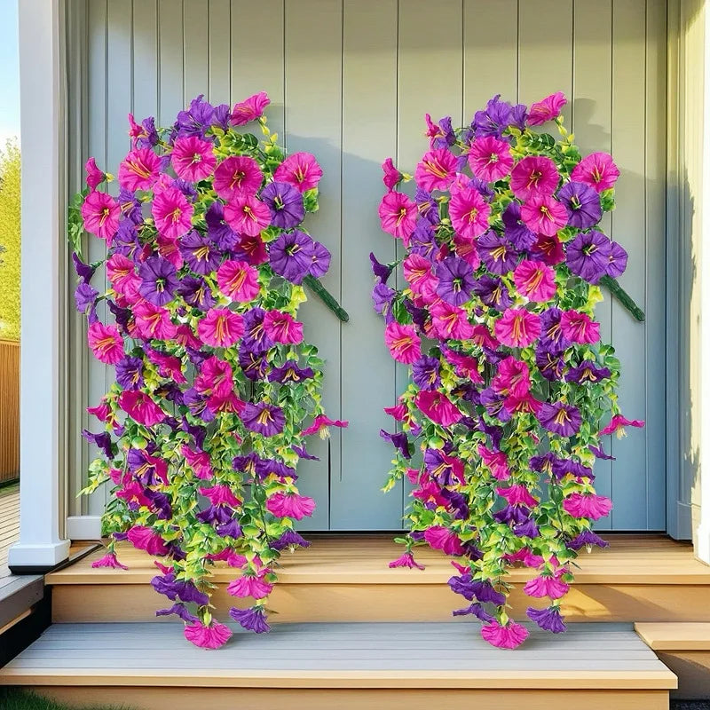 2PCS Artificial Morning Glory & Eucalyptus Hanging Flowers – Faux Vine Garland for Outdoor Wedding Decor, Garden, Party & Home Decoration