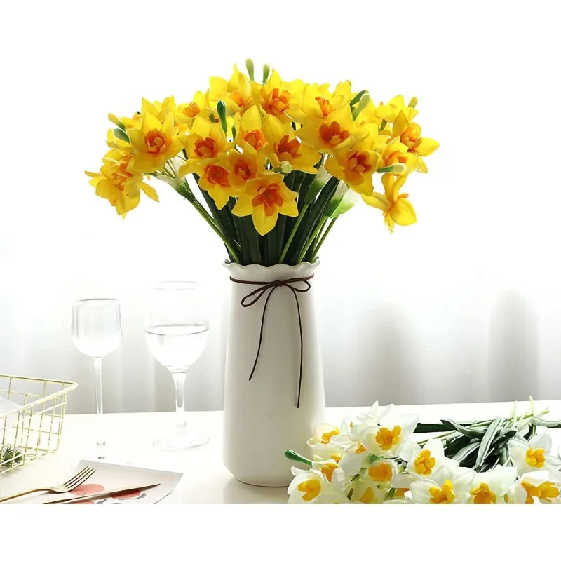 Artificial Daffodil Flower Bouquet – 10PCS White Narcissus Silk Faux Spring Flowers for Home Decor, Wedding Arrangements, Outdoor & Indoor Centerpieces