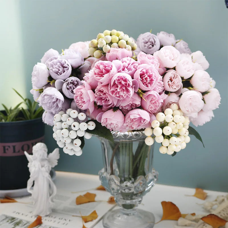 27-Head Artificial Peony & Rose Silk Bouquet Bulk – Rose Pink Arrangement