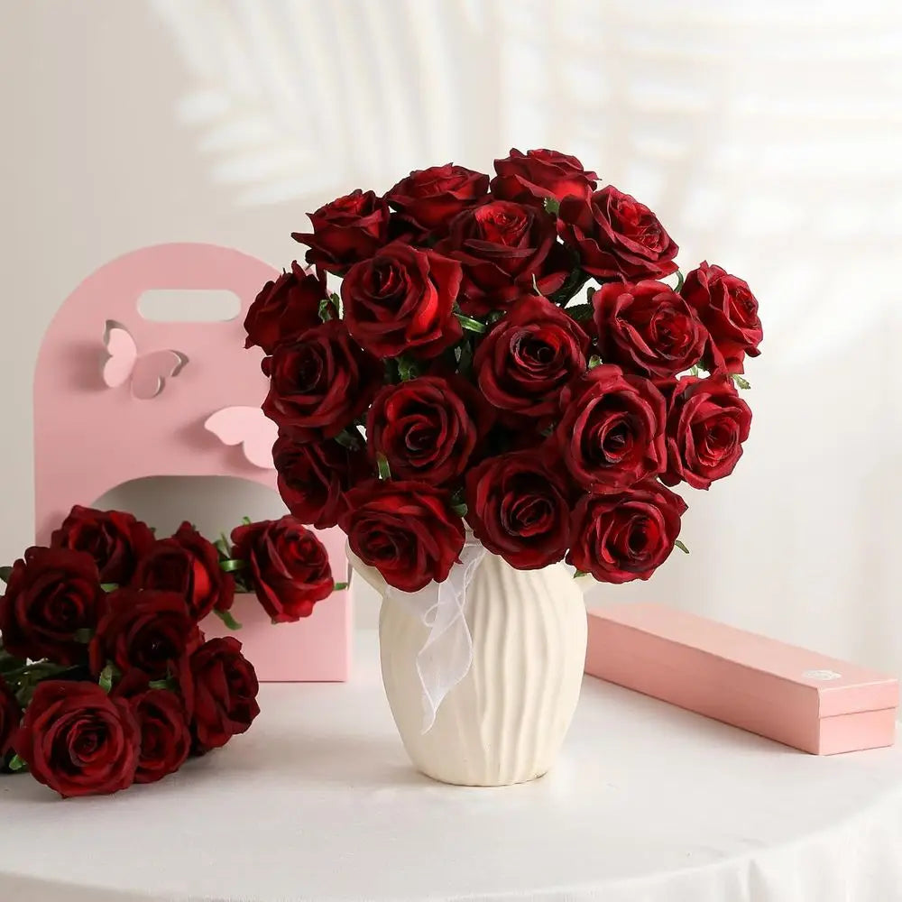 80PCS Burgundy Artificial Roses with Stems – Realistic Silk Faux Rose Flowers for Wedding Centerpieces, Party Decor, DIY Bouquets & Home Arrangements