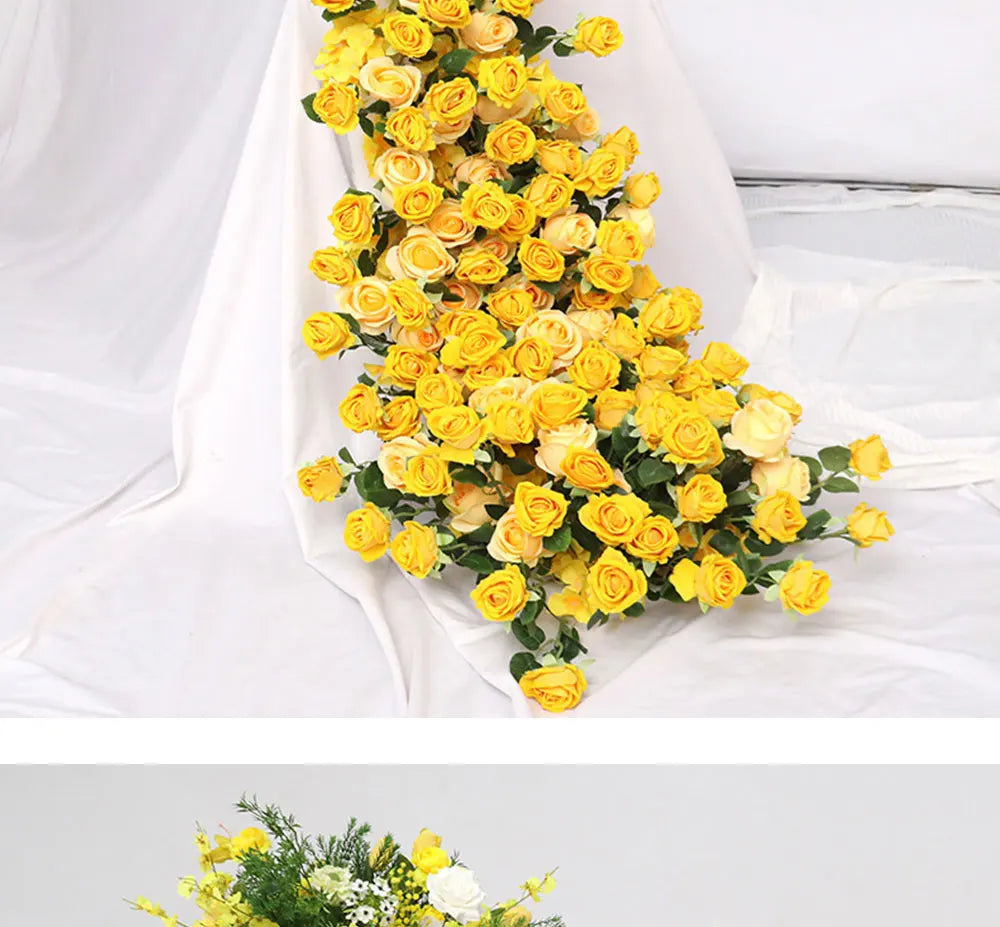 Yellow Artificial Flower Row Garland – Silk Wedding Backdrop Floral Arrangement for Ceremony Arch, Table Runner, Stage & Party Decoration