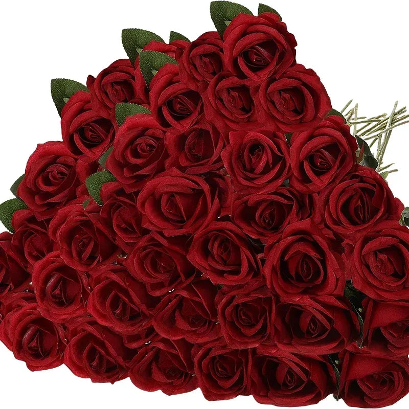 50PCS Velvet Artificial Roses – Real Touch Faux Rose Bouquet for Valentine’s Day, DIY Wedding Bouquets, Party Decorations, Home Decor Floral Arrangements