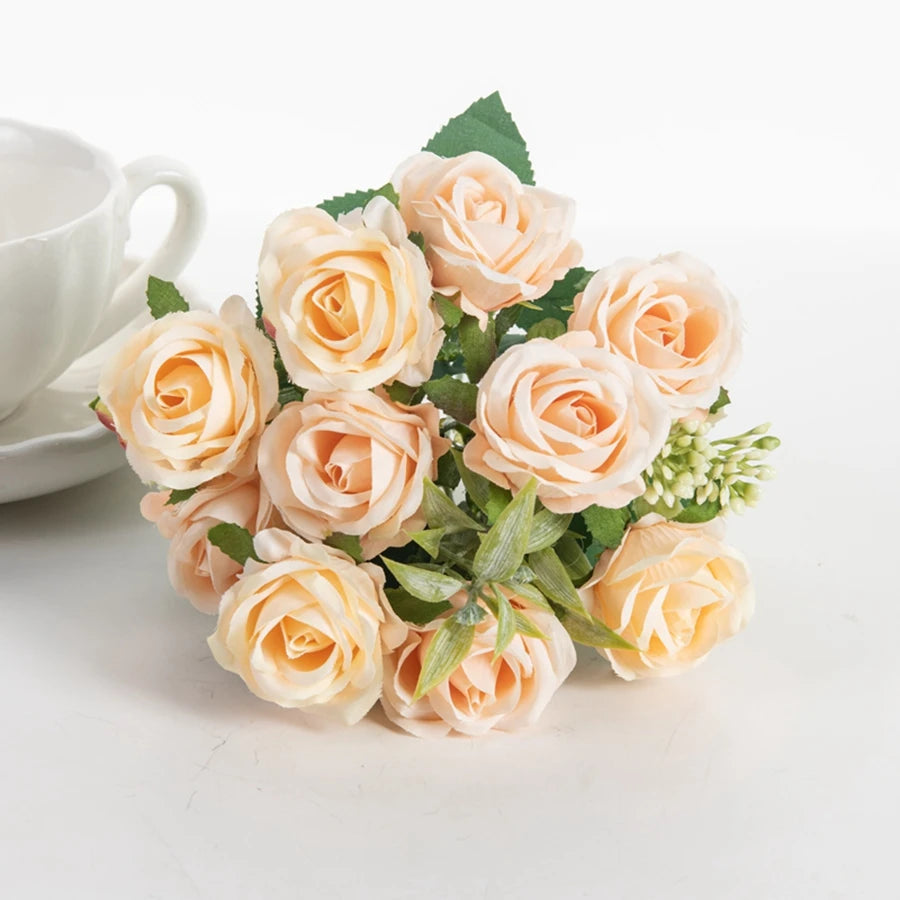 10-Head Artificial White Rose Bouquet Bulk – Silk Fake Flower Bundle for Wedding Decor