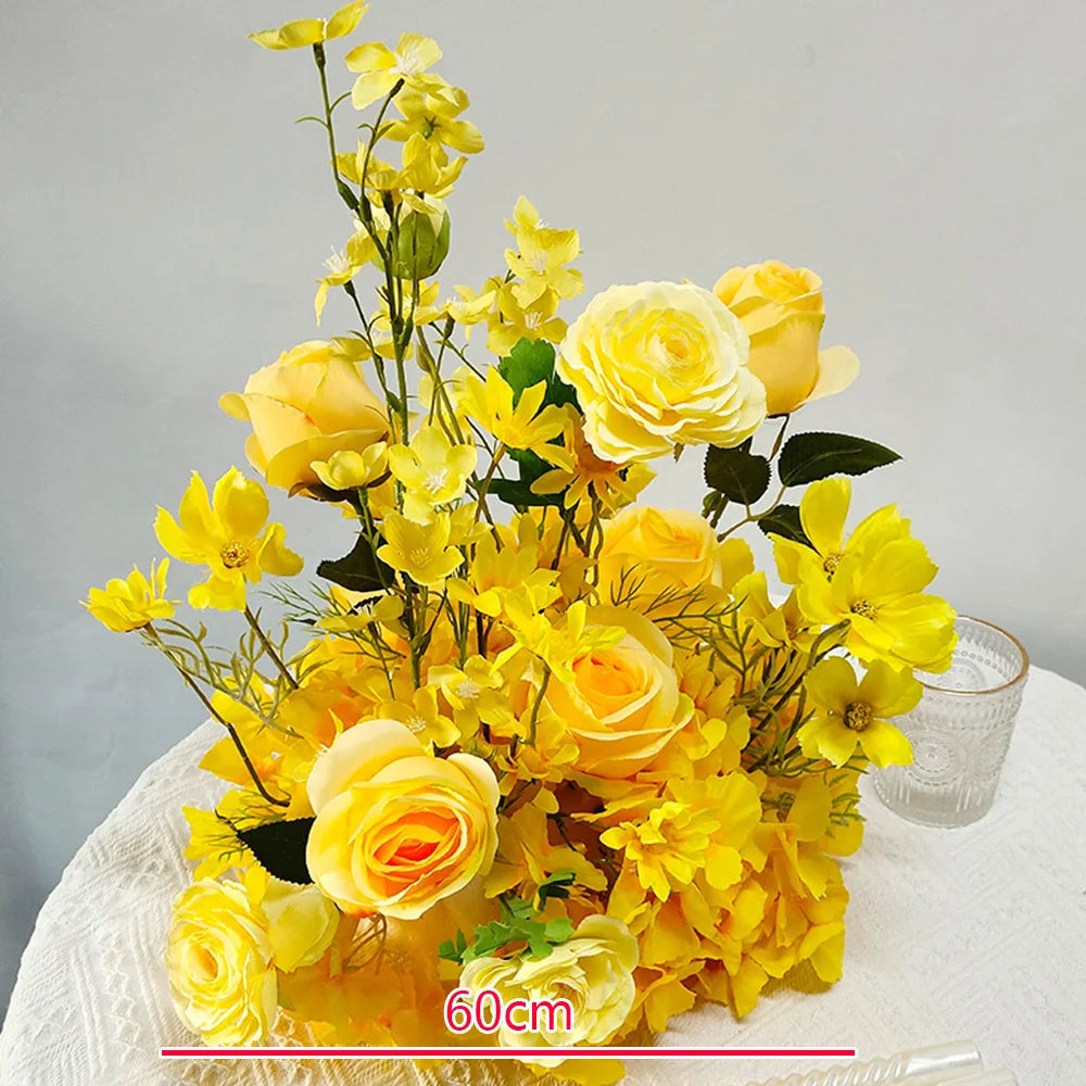 Yellow Artificial Flower Row Garland – Silk Wedding Backdrop Floral Arrangement for Ceremony Arch, Table Runner, Stage & Party Decoration