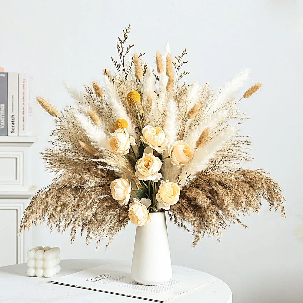 56PCS Artificial Peony & Pampas Grass Bouquet Bulk – Boho Faux Dried Floral Mix