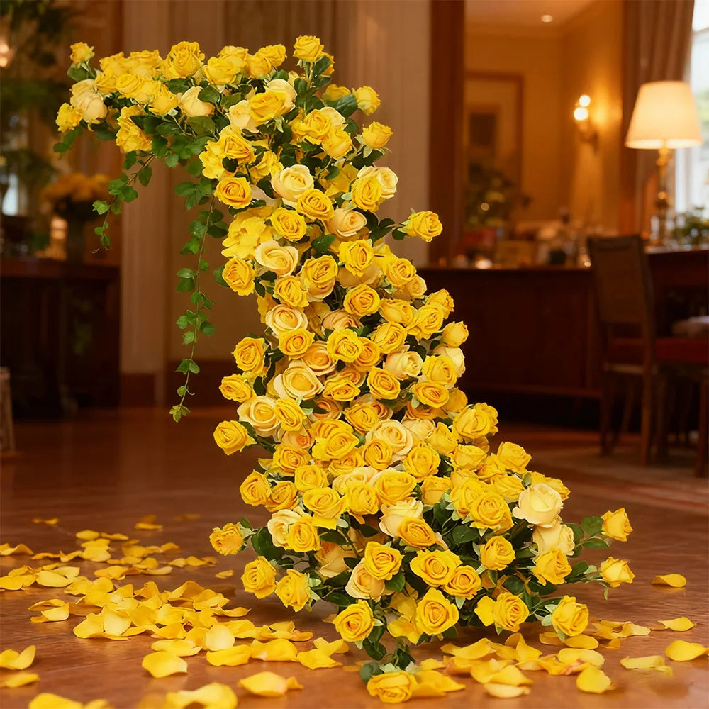 Yellow Artificial Flower Row Garland – Silk Wedding Backdrop Floral Arrangement for Ceremony Arch, Table Runner, Stage & Party Decoration