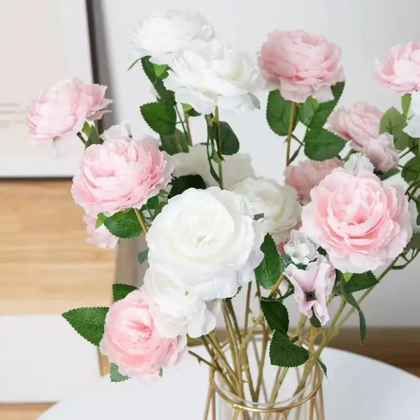 3 Head Artificial Peony & Rose Bouquet – Pink White Silk