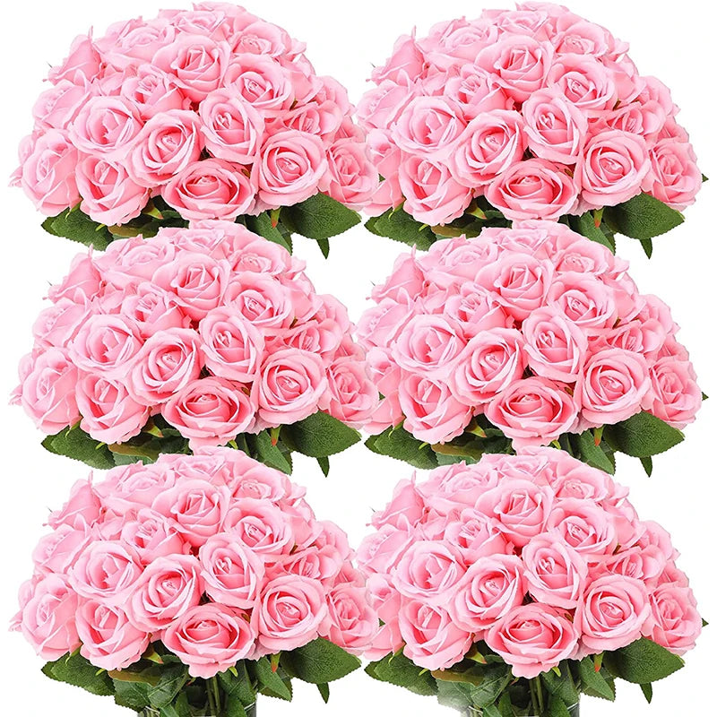50PCS Bulk Artificial Velvet Roses – Faux Wedding Bouquet Flowers
