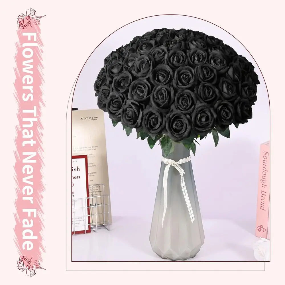 102PCS Black Artificial Rose Bouquet – Long Stem Faux Roses for DIY Wedding Decor, Gothic Floral Arrangements, Party Decorations, Home & Event Centerpieces