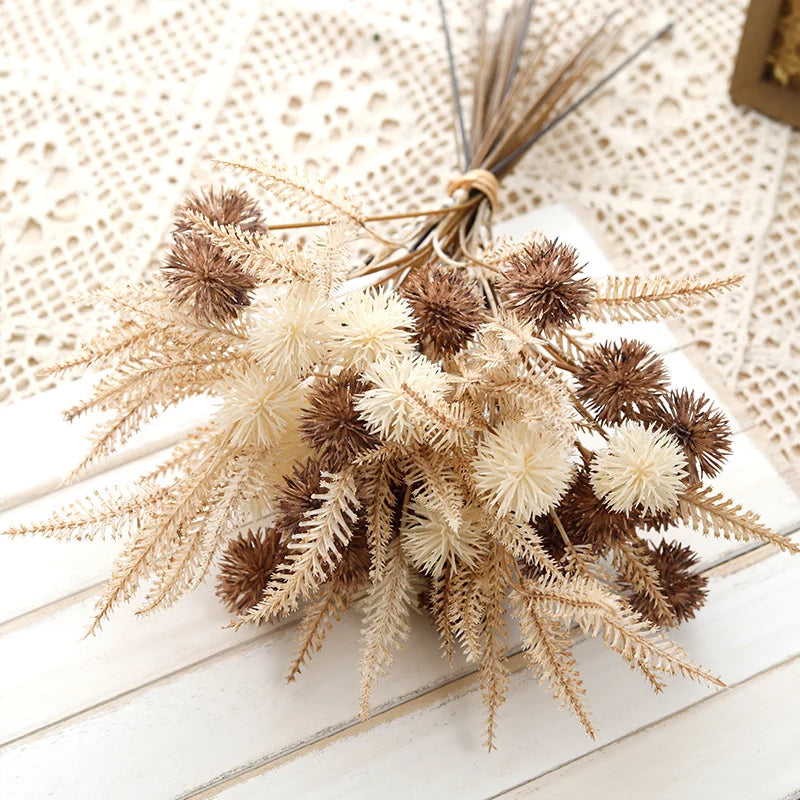 Artificial Prickly Ball Flowers – Brown Pom Pom Mum Fake Flower Branch