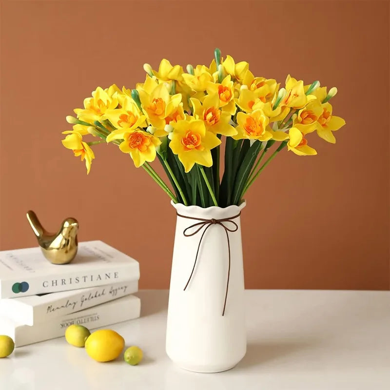 Artificial Daffodil Flower Bouquet – 10PCS White Narcissus Silk Faux Spring Flowers for Home Decor, Wedding Arrangements, Outdoor & Indoor Centerpieces
