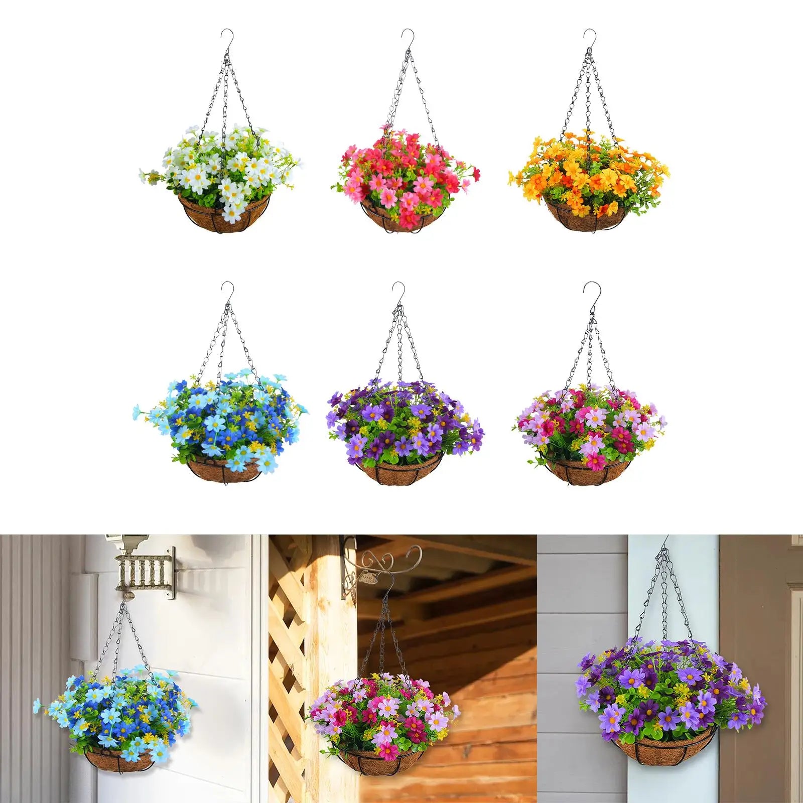 Artificial Hanging Flower Basket with Coconut Liner – Faux Daisy Flower Planter with Chain for Outdoor Patio, Balcony, Porch, Indoor Home Decor