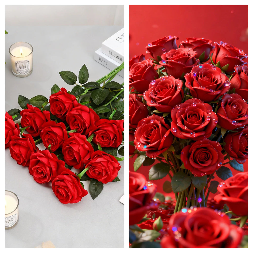 10PCS Red Bulk Artificial Roses – Silk Faux Rose Flowers with Stems
