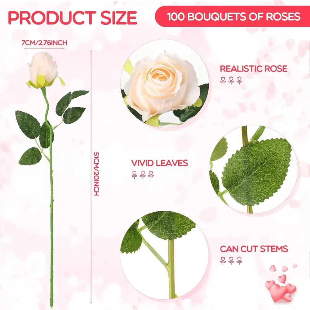 100PCS Beige Artificial Silk Roses – Long Stem Bulk Flowers
