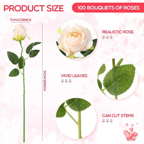 100PCS Beige Artificial Silk Roses – Long Stem Bulk Flowers
