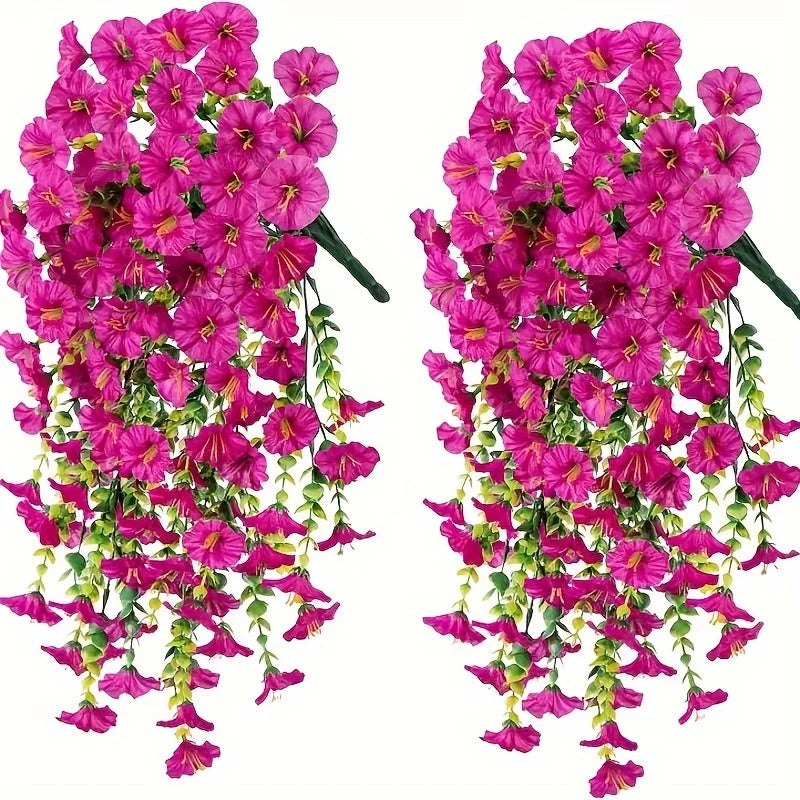 2PCS UV Resistant Artificial Morning Glory Hanging Flowers with Eucalyptus Vine – Outdoor Silk Flower Garland for Patio, Garden, Porch, Wedding Arch, Home Decor