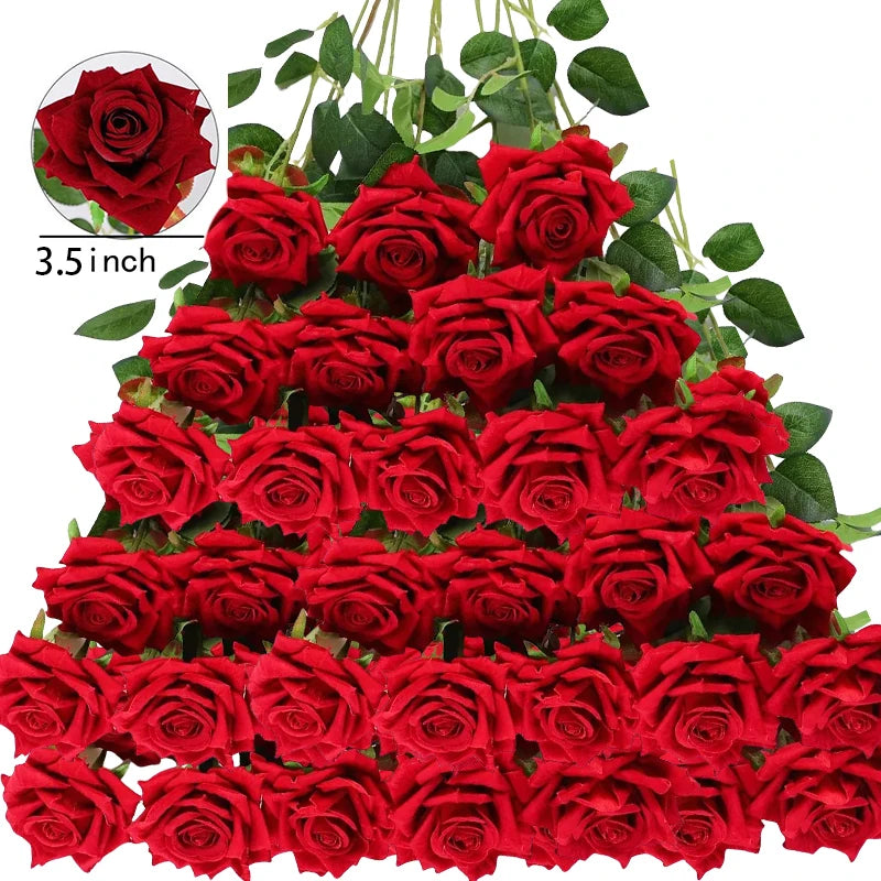 50PCS Bulk Artificial Velvet Roses – Faux Wedding Bouquet Flowers
