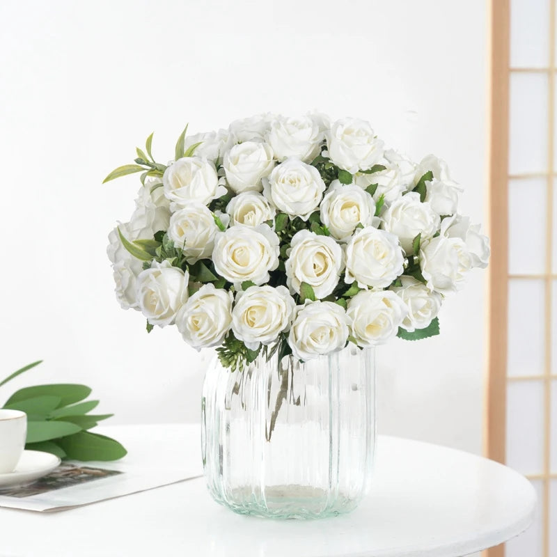 10-Head Artificial White Rose Bouquet Bulk – Silk Fake Flower Bundle for Wedding Decor