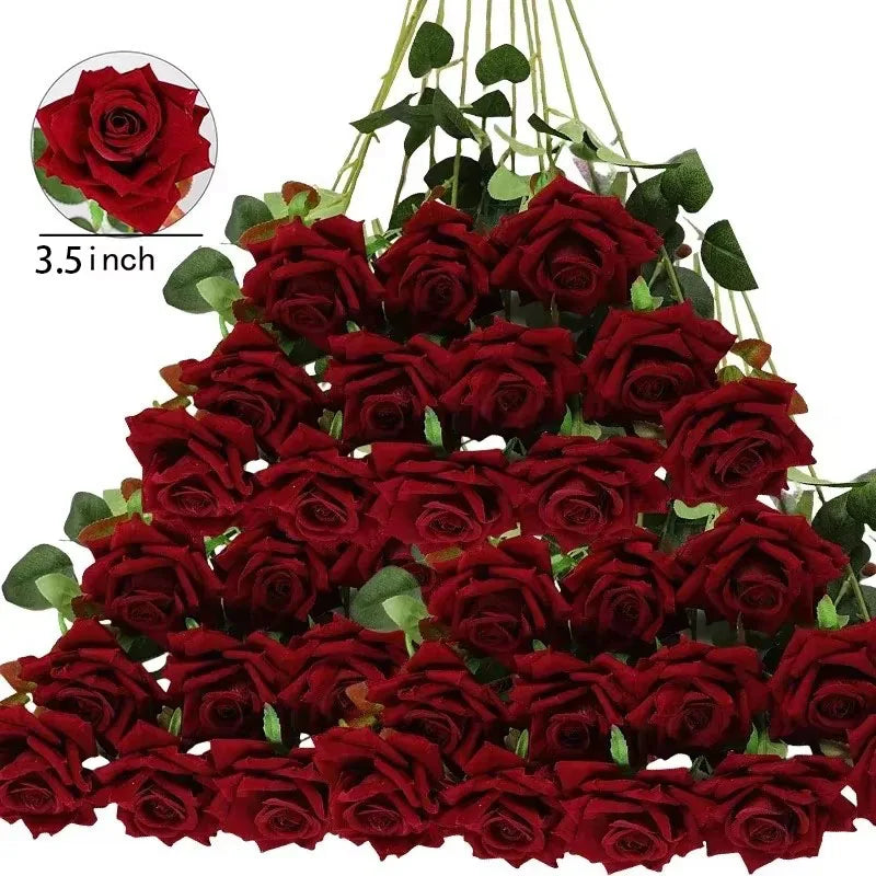50PCS Bulk Artificial Velvet Roses – Faux Wedding Bouquet Flowers