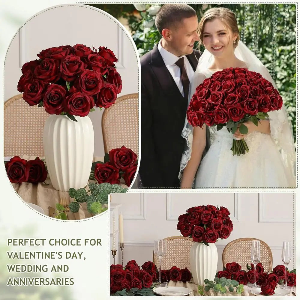 80PCS Burgundy Artificial Roses with Stems – Realistic Silk Faux Rose Flowers for Wedding Centerpieces, Party Decor, DIY Bouquets & Home Arrangements