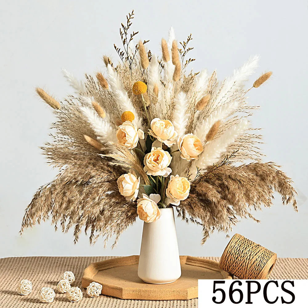 56PCS Artificial Peony & Pampas Grass Bouquet Bulk – Boho Faux Dried Floral Mix