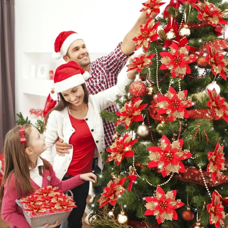 Artificial Poinsettia Flowers Bulk – Red Gold Glitter Christmas Floral