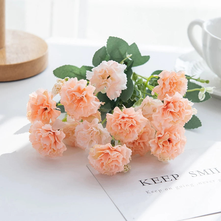 Artificial Small Carnation Bouquet – 5 Fork 15 Head Silk Flowers