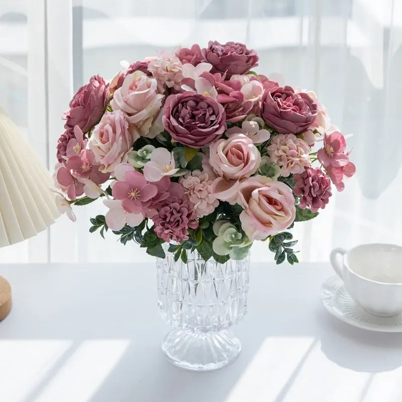 Bulk Artificial Rose Peony Hydrangea Wedding Bouquet