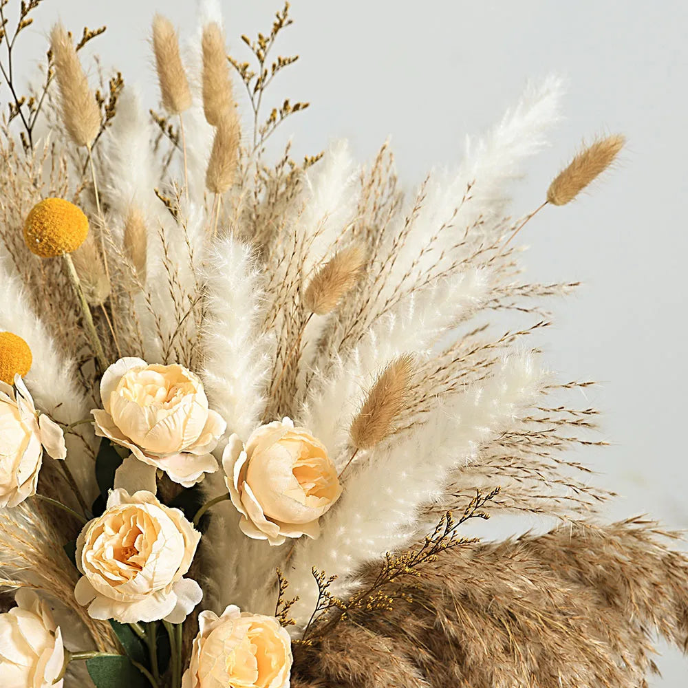 56PCS Artificial Peony & Pampas Grass Bouquet Bulk – Boho Faux Dried Floral Mix