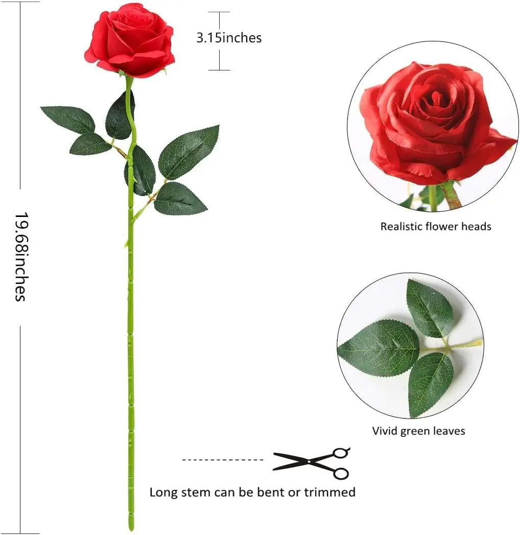 10PCS Red Bulk Artificial Roses – Silk Faux Rose Flowers with Stems