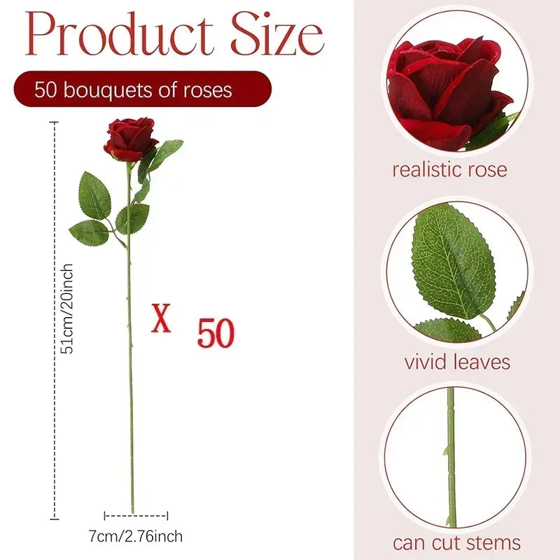 50PCS Bulk Artificial Velvet Roses – Faux Wedding Bouquet Flowers