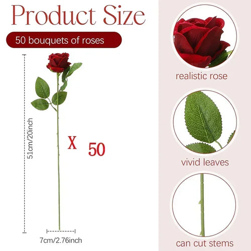 50PCS Bulk Artificial Velvet Roses – Faux Wedding Bouquet Flowers