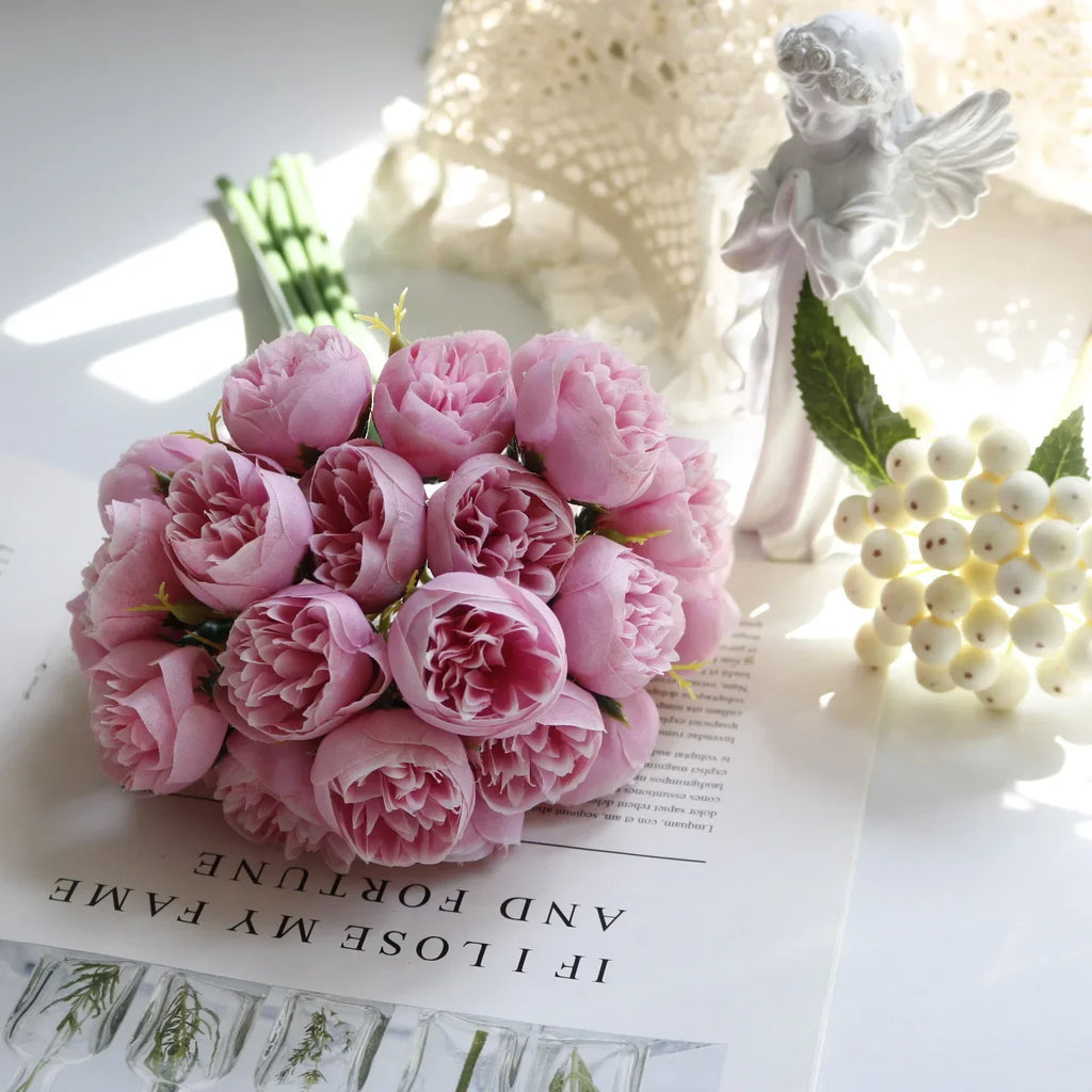 27-Head Artificial Peony & Rose Silk Bouquet Bulk – Rose Pink Arrangement