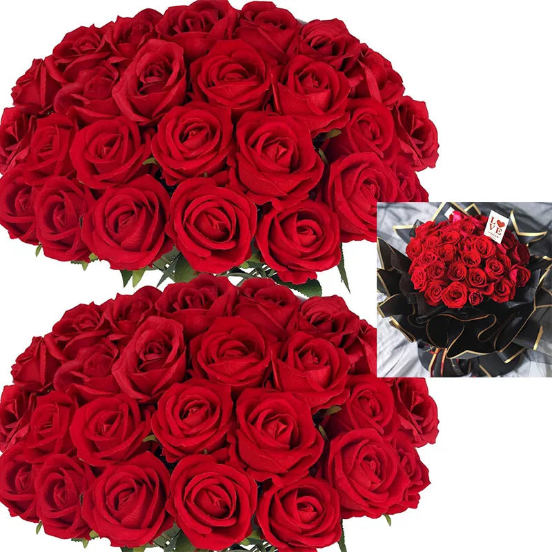 50PCS Velvet Artificial Roses – Real Touch Faux Rose Bouquet for Valentine’s Day, DIY Wedding Bouquets, Party Decorations, Home Decor Floral Arrangements