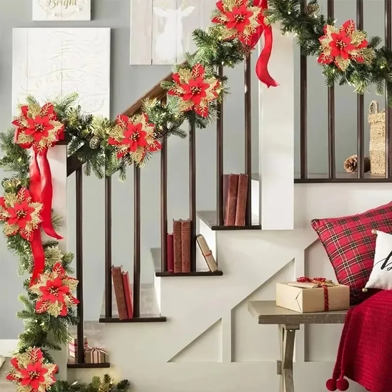 Artificial Poinsettia Flowers Bulk – Red Gold Glitter Christmas Floral