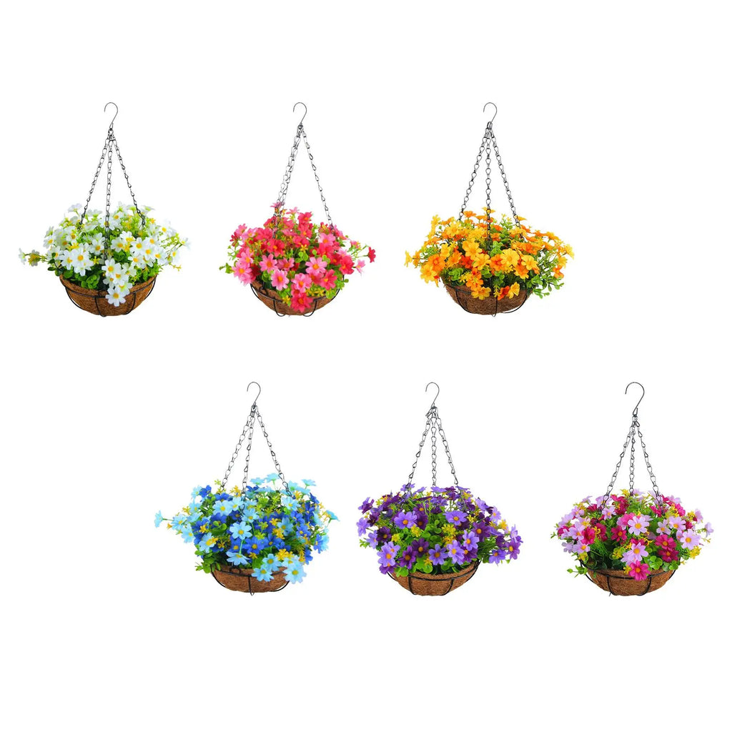 Artificial Hanging Flower Basket with Coconut Liner – Faux Daisy Flower Planter with Chain for Outdoor Patio, Balcony, Porch, Indoor Home Decor
