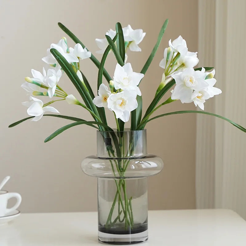 10PCS Artificial Daffodil Flowers – White & Yellow Narcissus Silk Faux Spring Flower Branches for Wedding Decor, Home Arrangement, Outdoor & Photography Props