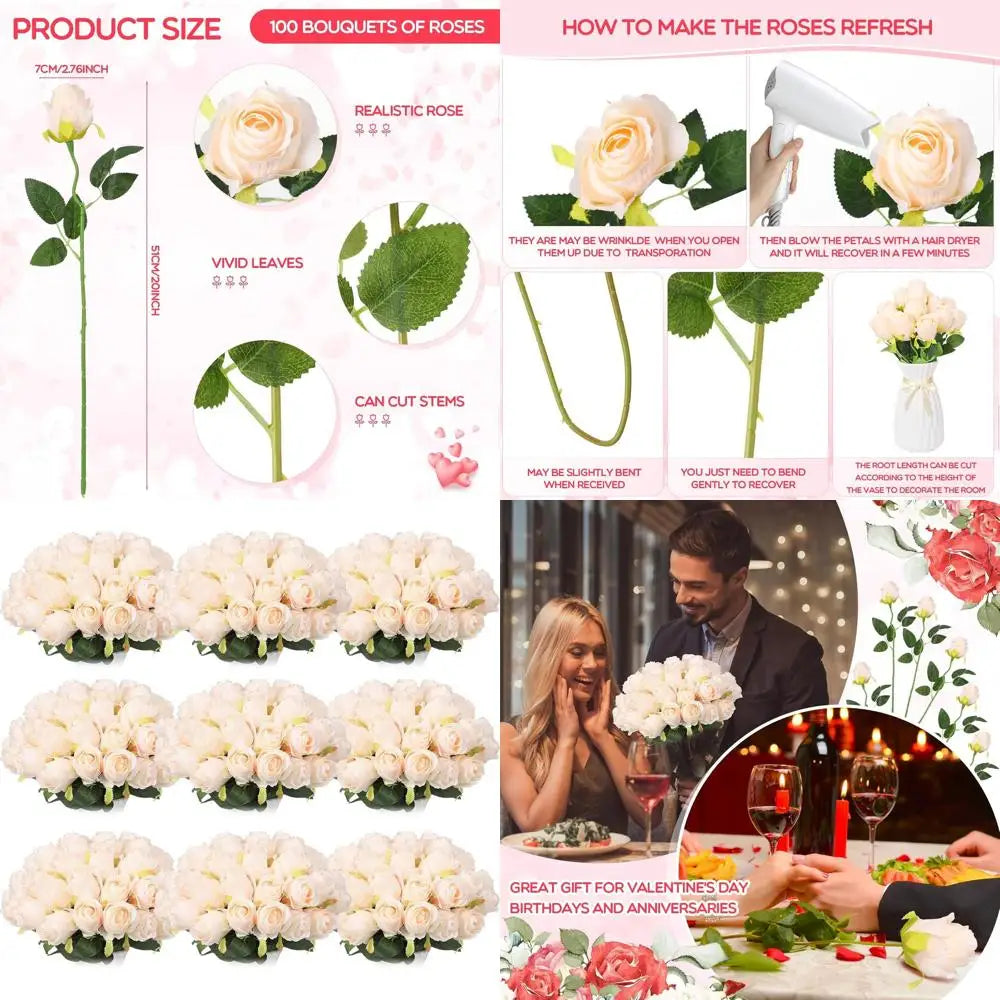 100PCS Beige Artificial Silk Roses – Long Stem Bulk Flowers