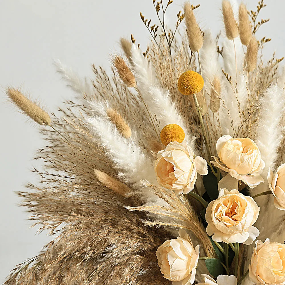 56PCS Artificial Peony & Pampas Grass Bouquet Bulk – Boho Faux Dried Floral Mix