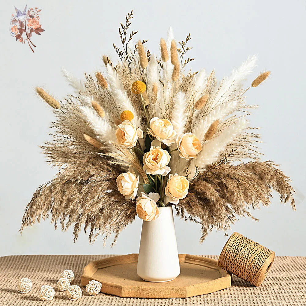 56PCS Artificial Peony & Pampas Grass Bouquet Bulk – Boho Faux Dried Floral Mix