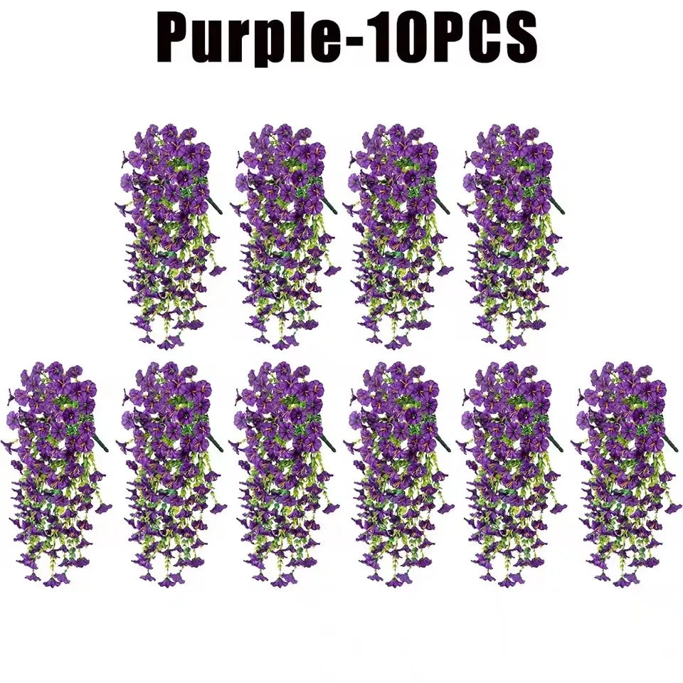 1/10PCS Artificial Morning Glory Hanging Flowers – UV Resistant Faux Petunia Vine Plants for Outdoor Wall, Garden, Porch, Wedding & Home Decor