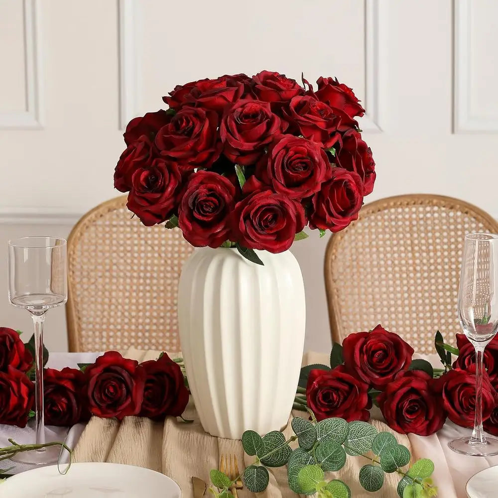 80PCS Burgundy Artificial Roses with Stems – Realistic Silk Faux Rose Flowers for Wedding Centerpieces, Party Decor, DIY Bouquets & Home Arrangements