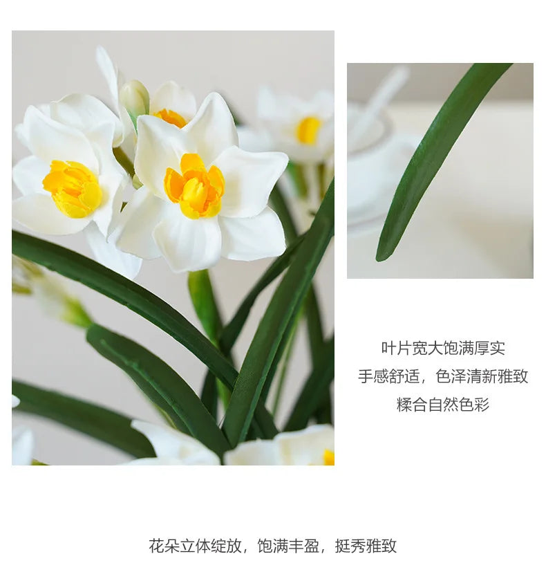 10PCS Artificial Daffodil Flowers – White & Yellow Narcissus Silk Faux Spring Flower Branches for Wedding Decor, Home Arrangement, Outdoor & Photography Props