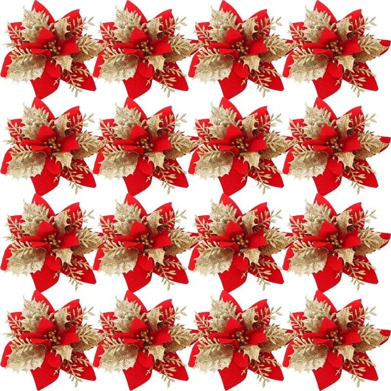 Artificial Poinsettia Flowers Bulk – Red Gold Glitter Christmas Floral